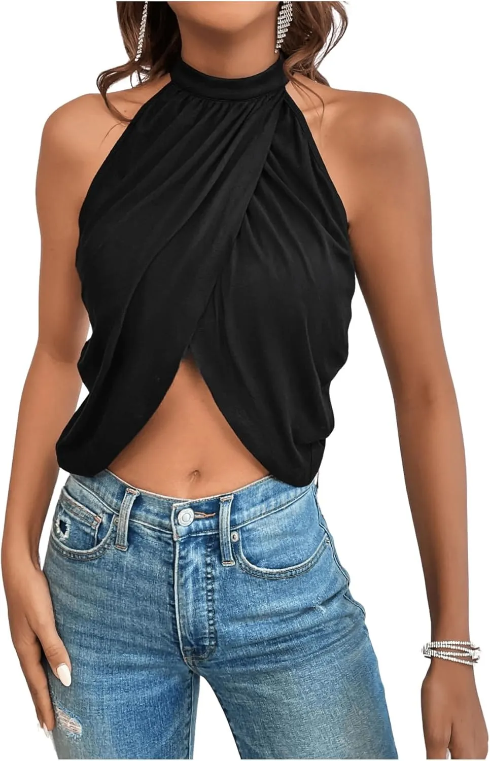 GORGLITTER Women's Rhinestone Open Back Halter Tops Sleeveless Wrap Crop Top Club Going Out Tops