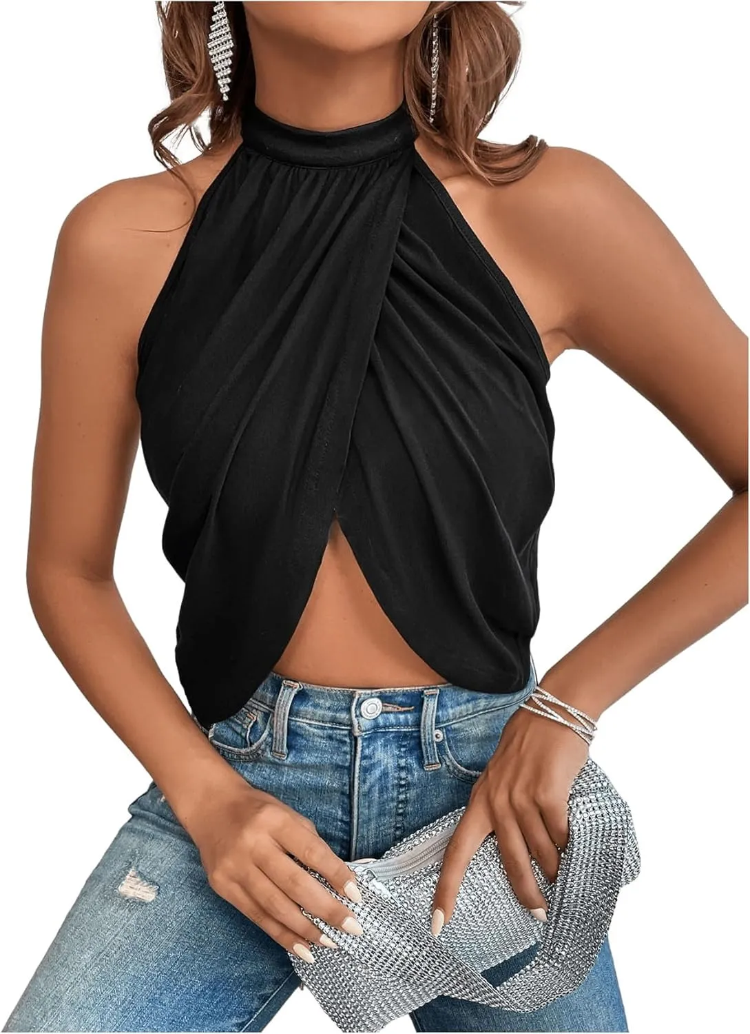 GORGLITTER Women's Rhinestone Open Back Halter Tops Sleeveless Wrap Crop Top Club Going Out Tops