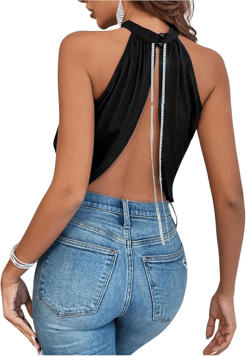 GORGLITTER Women's Rhinestone Open Back Halter Tops Sleeveless Wrap Crop Top Club Going Out Tops