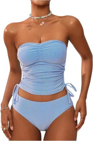 GORGLITTER Women's Striped Bandeau Tankini Swimsuits Side Drawstring Bathing Suit