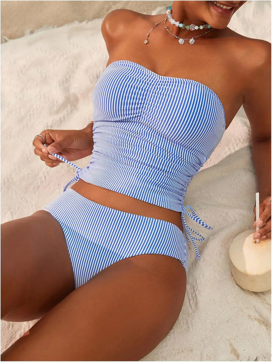 GORGLITTER Women's Striped Bandeau Tankini Swimsuits Side Drawstring Bathing Suit