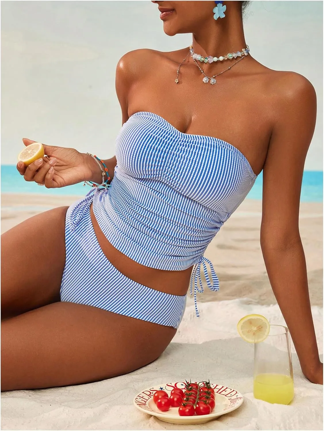 GORGLITTER Women's Striped Bandeau Tankini Swimsuits Side Drawstring Bathing Suit