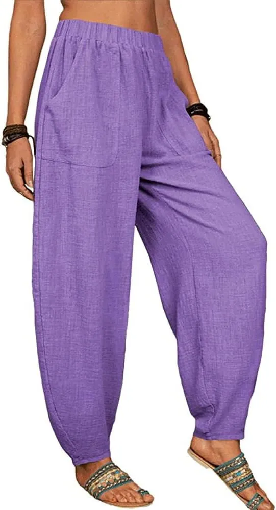 Guteidee Womens Cotton Blend Harem Beach Lightweight Tapered Baggy Pants Summer