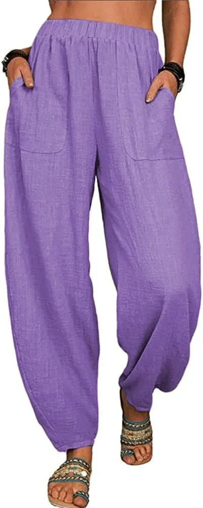 Guteidee Womens Cotton Blend Harem Beach Lightweight Tapered Baggy Pants Summer