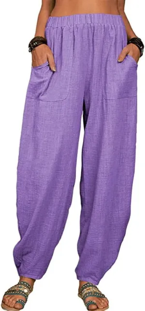 Guteidee Womens Cotton Blend Harem Beach Lightweight Tapered Baggy Pants Summer