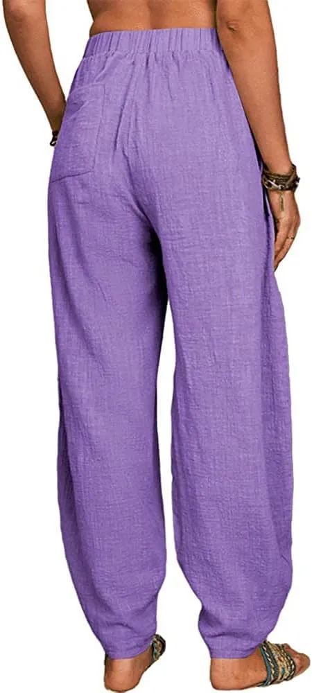 Guteidee Womens Cotton Blend Harem Beach Lightweight Tapered Baggy Pants Summer