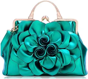 Handbags Ladie 3D Flowers Totes and Purse Women Leather Kiss-Lock Tote Shoulder Flora Dating Crossbody Satchel