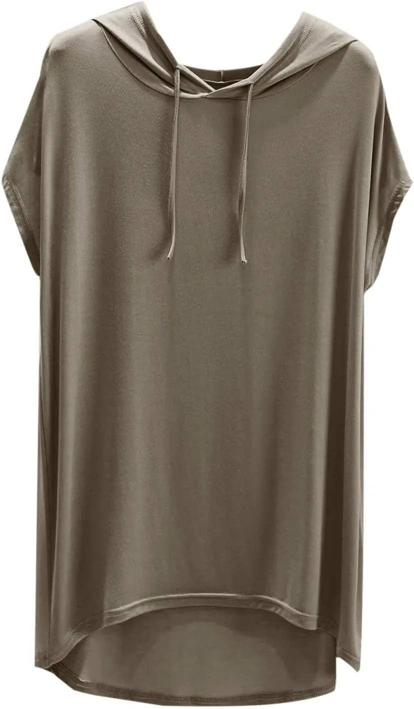 HGps8w Short Sleeve Hoodies for Women Casual 2025 Summer Tops Soft Modal Loose Solid Color Loungewear Tee Shirts