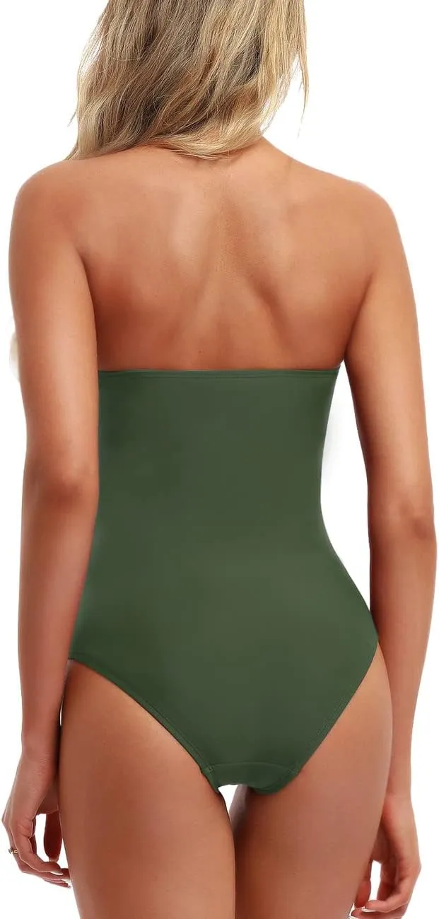 Hilor Women's Bandeau One Piece Swimsuits Front Twist Swimwear Ruched Bathing Suits Tummy Control