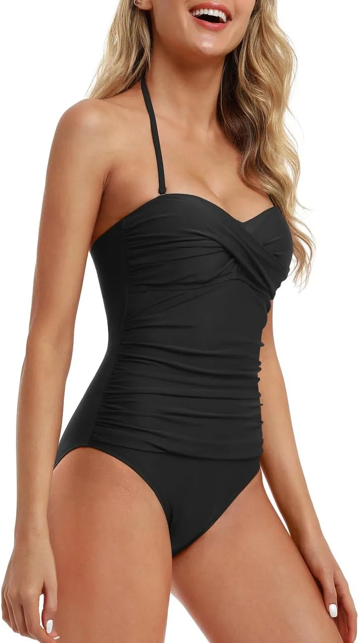 Hilor Women's Bandeau One Piece Swimsuits Front Twist Swimwear Ruched Bathing Suits Tummy Control