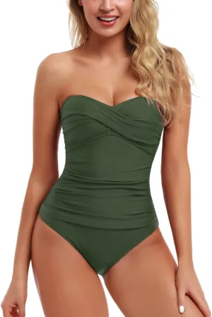 Hilor Women's Bandeau One Piece Swimsuits Front Twist Swimwear Ruched Bathing Suits Tummy Control