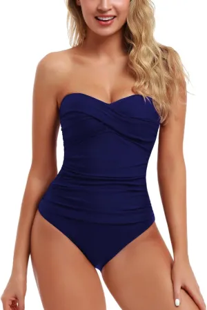 Hilor Women's Bandeau One Piece Swimsuits Front Twist Swimwear Ruched Bathing Suits Tummy Control