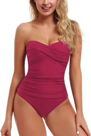 Hilor Women's Bandeau One Piece Swimsuits Front Twist Swimwear Ruched Bathing Suits Tummy Control