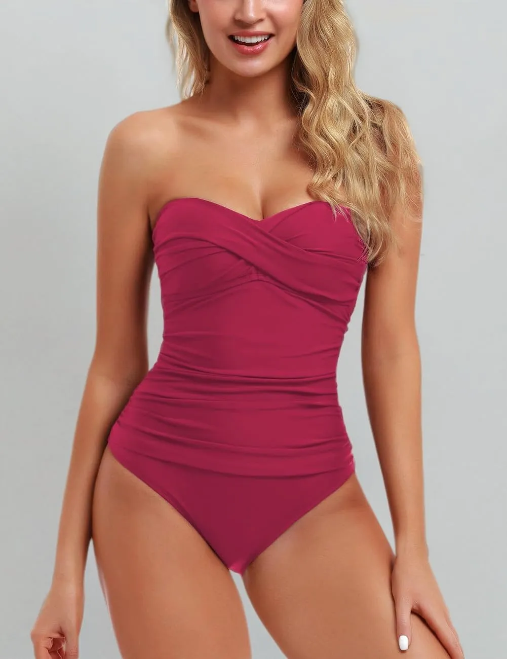 Hilor Women's Bandeau One Piece Swimsuits Front Twist Swimwear Ruched Bathing Suits Tummy Control
