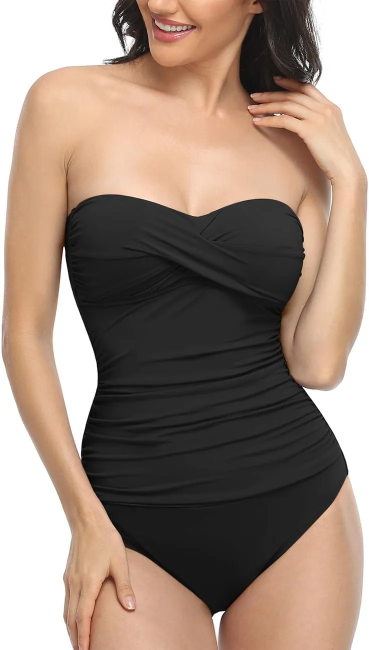 Hilor Women's Bandeau One Piece Swimsuits Front Twist Swimwear Ruched Bathing Suits Tummy Control
