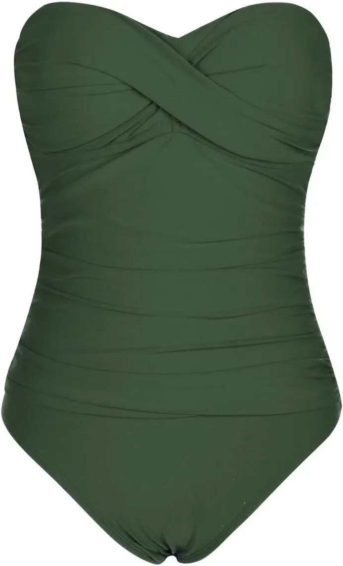 Hilor Women's Bandeau One Piece Swimsuits Front Twist Swimwear Ruched Bathing Suits Tummy Control