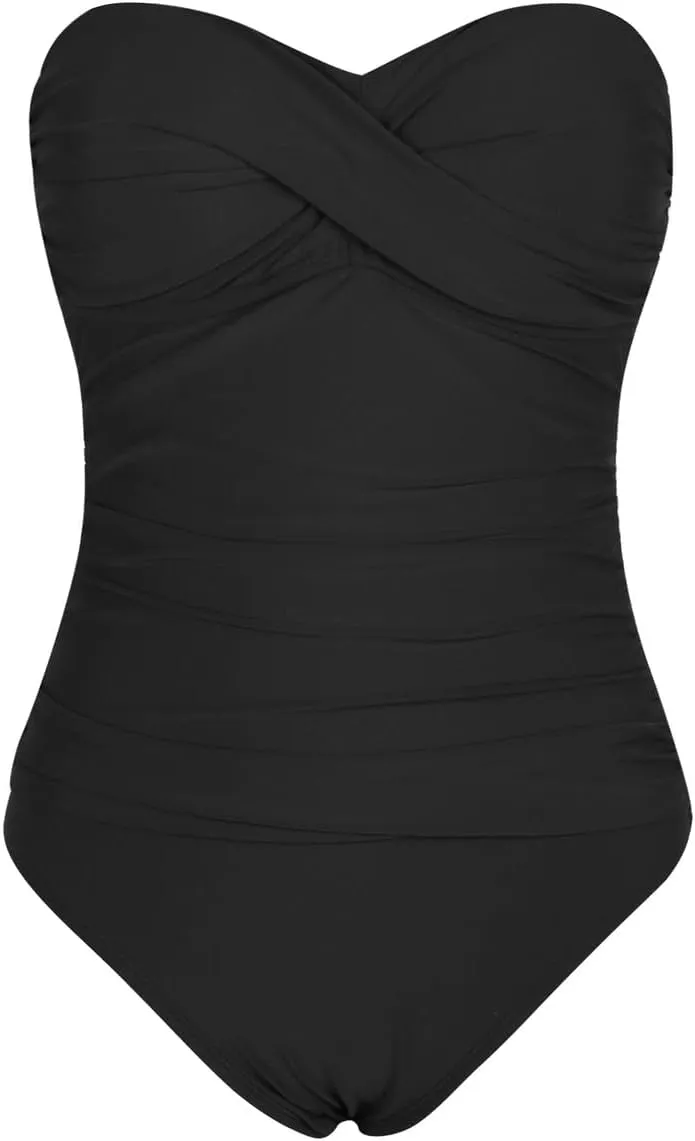 Hilor Women's Bandeau One Piece Swimsuits Front Twist Swimwear Ruched Bathing Suits Tummy Control