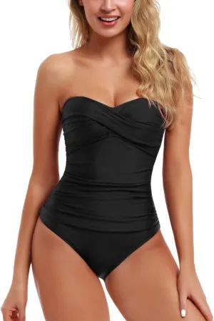 Hilor Women's Bandeau One Piece Swimsuits Front Twist Swimwear Ruched Bathing Suits Tummy Control