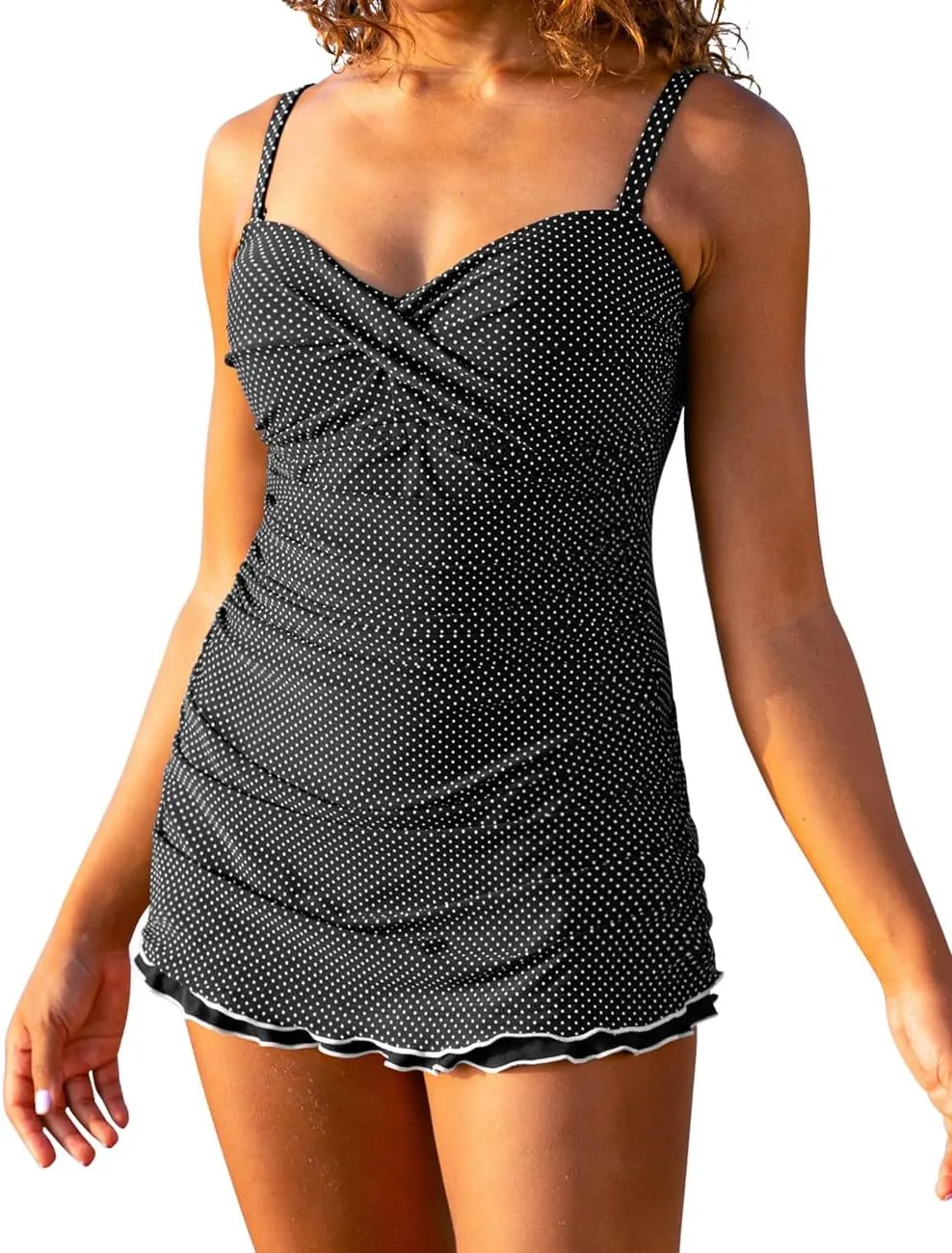 Hilor Women's One Piece Swimsuits Tummy Control Swimwear Ruffle Swimdress with Built in Swim Brief