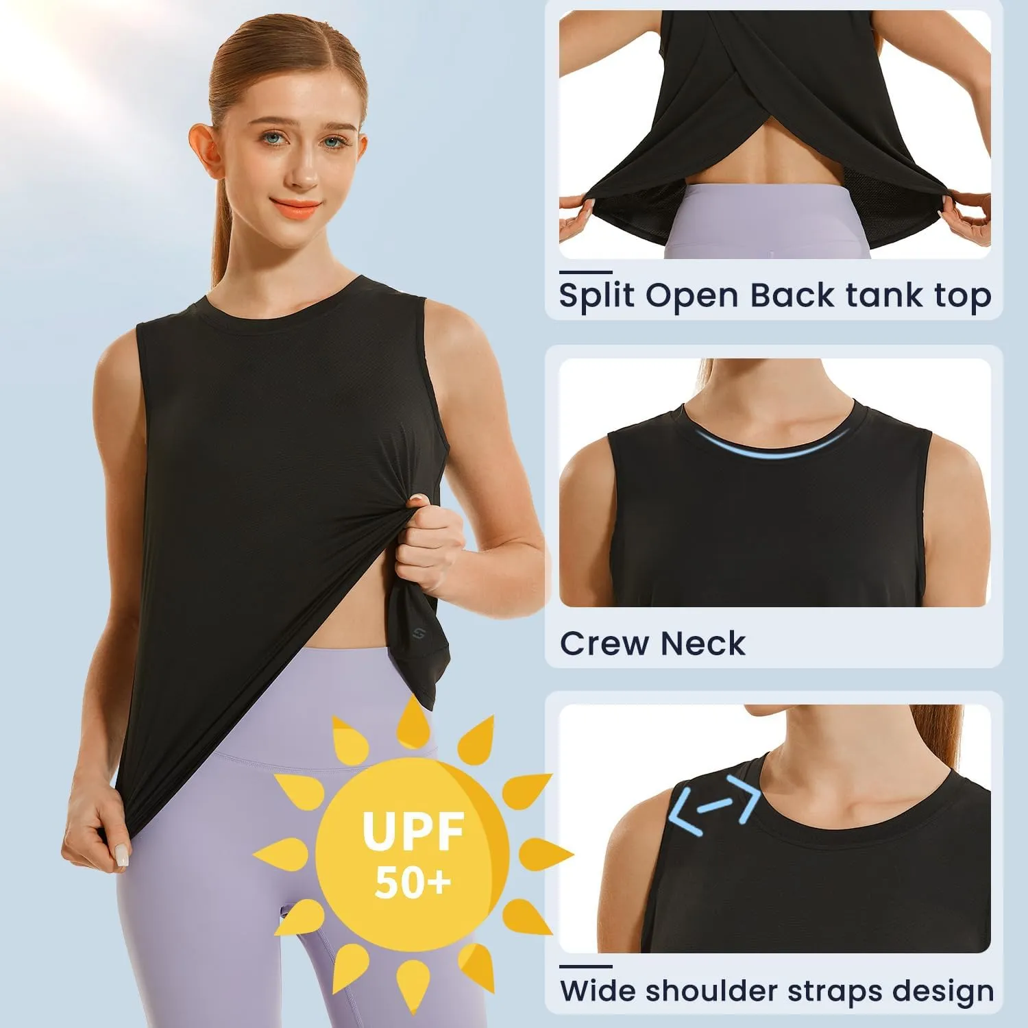 HODOSPORTS Workout Tops for Women UPF 50  Open Back Sleeveless Tank Tops Quick Dry Athletic Gym Yoga Shirts Loose Fit