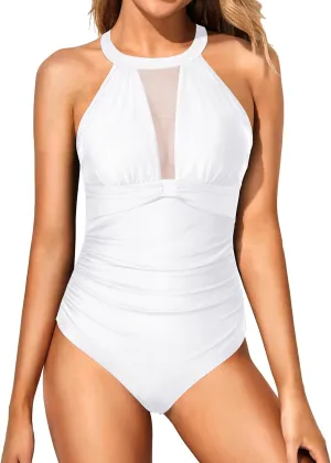 Holipick Women One Piece Swimsuit High Neck Tummy Control Bathing Suits Halter Mesh Swim Suit Swimwear