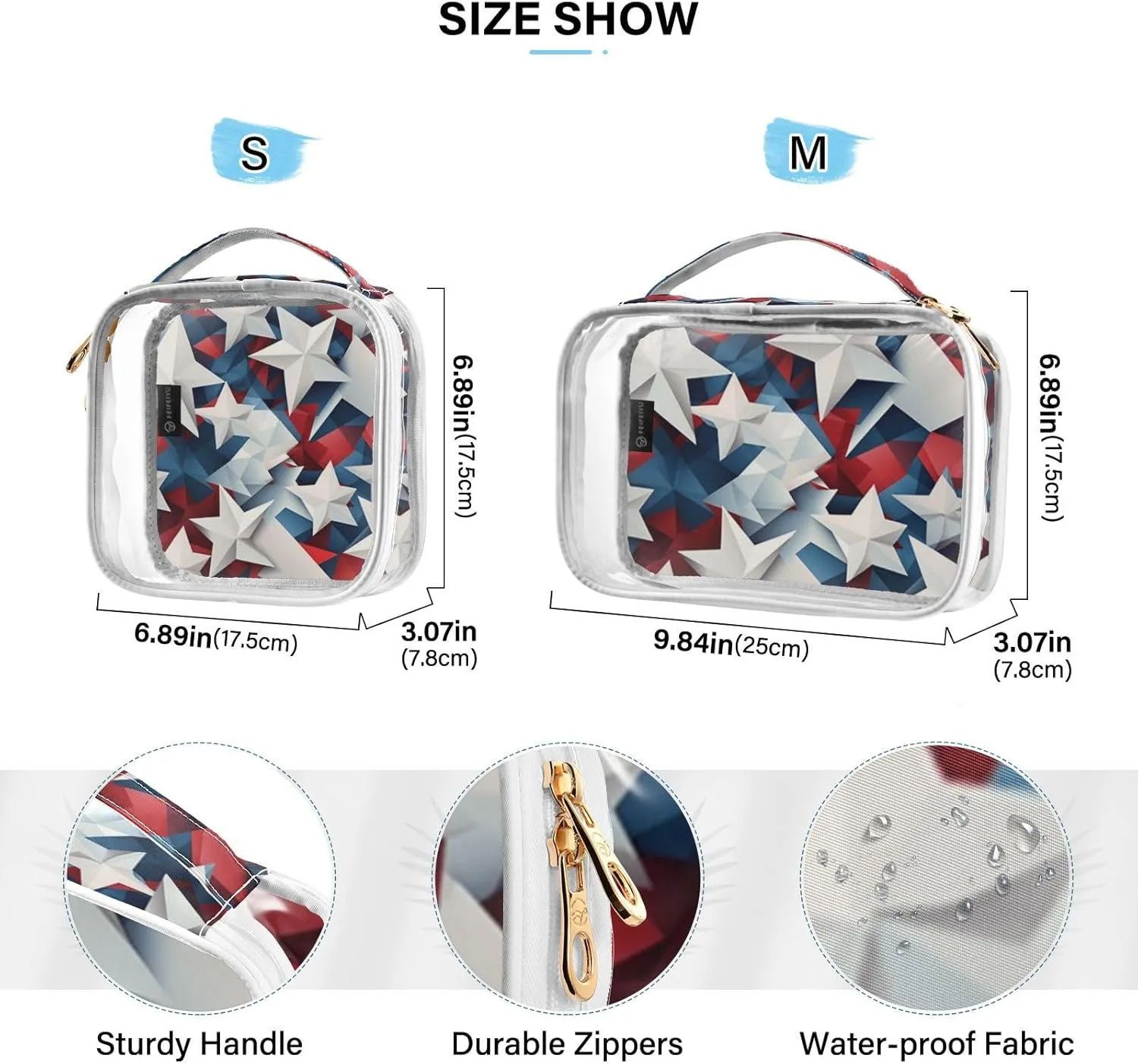 Independence Day Stars Transparent Travel Bag for Toiletries, Cosmetic Bag for Travel, Makeup Bag for Girls, 2 Pack