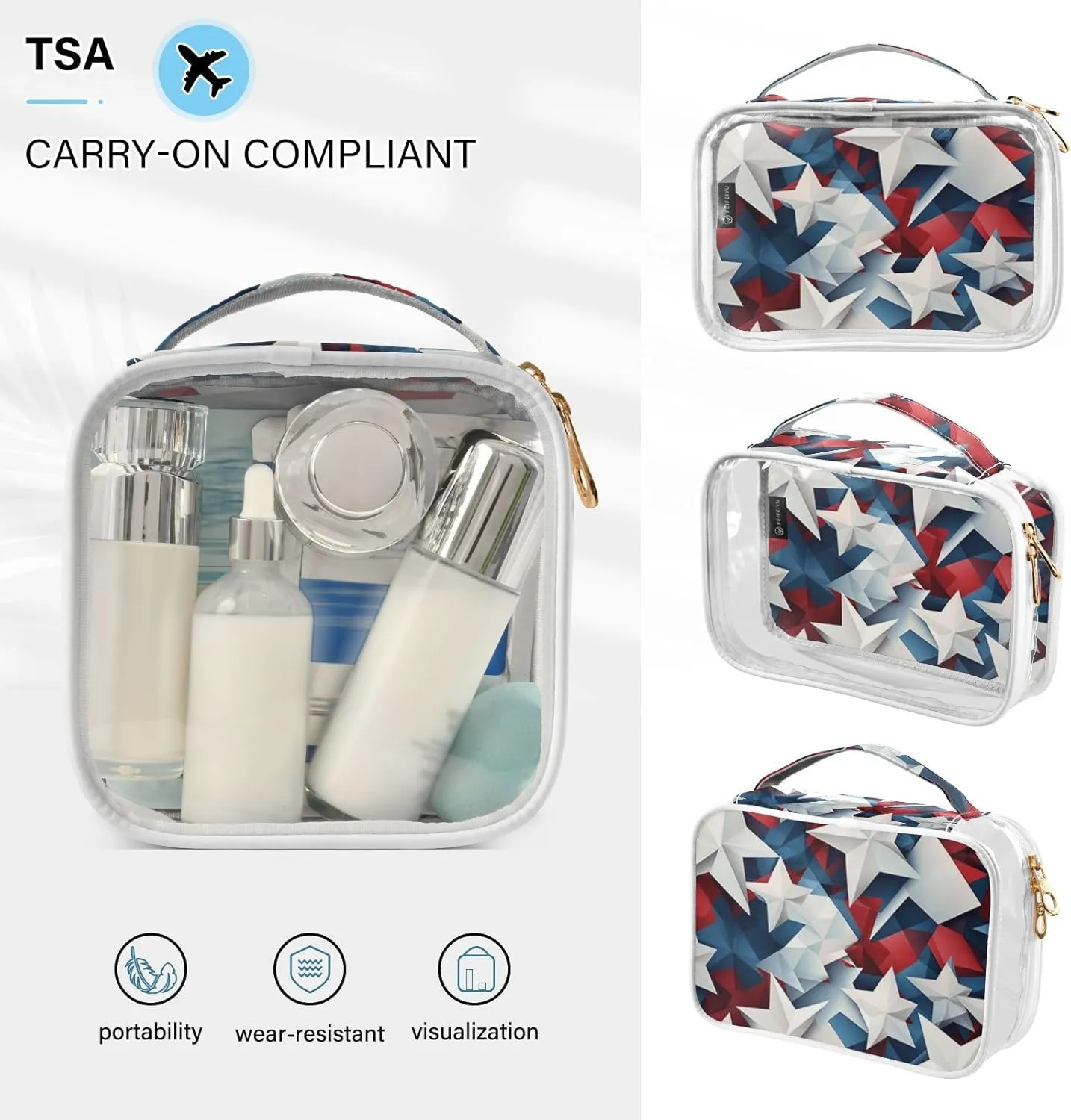 Independence Day Stars Transparent Travel Bag for Toiletries, Cosmetic Bag for Travel, Makeup Bag for Girls, 2 Pack