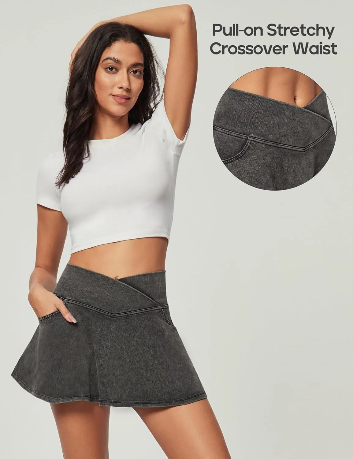 IUGA Stretchy Ruffle Denim Skort V-Waist Jean Skort with 4 Pockets Trendy High Waisted Mini Jean Skirt with Shorts Underneath