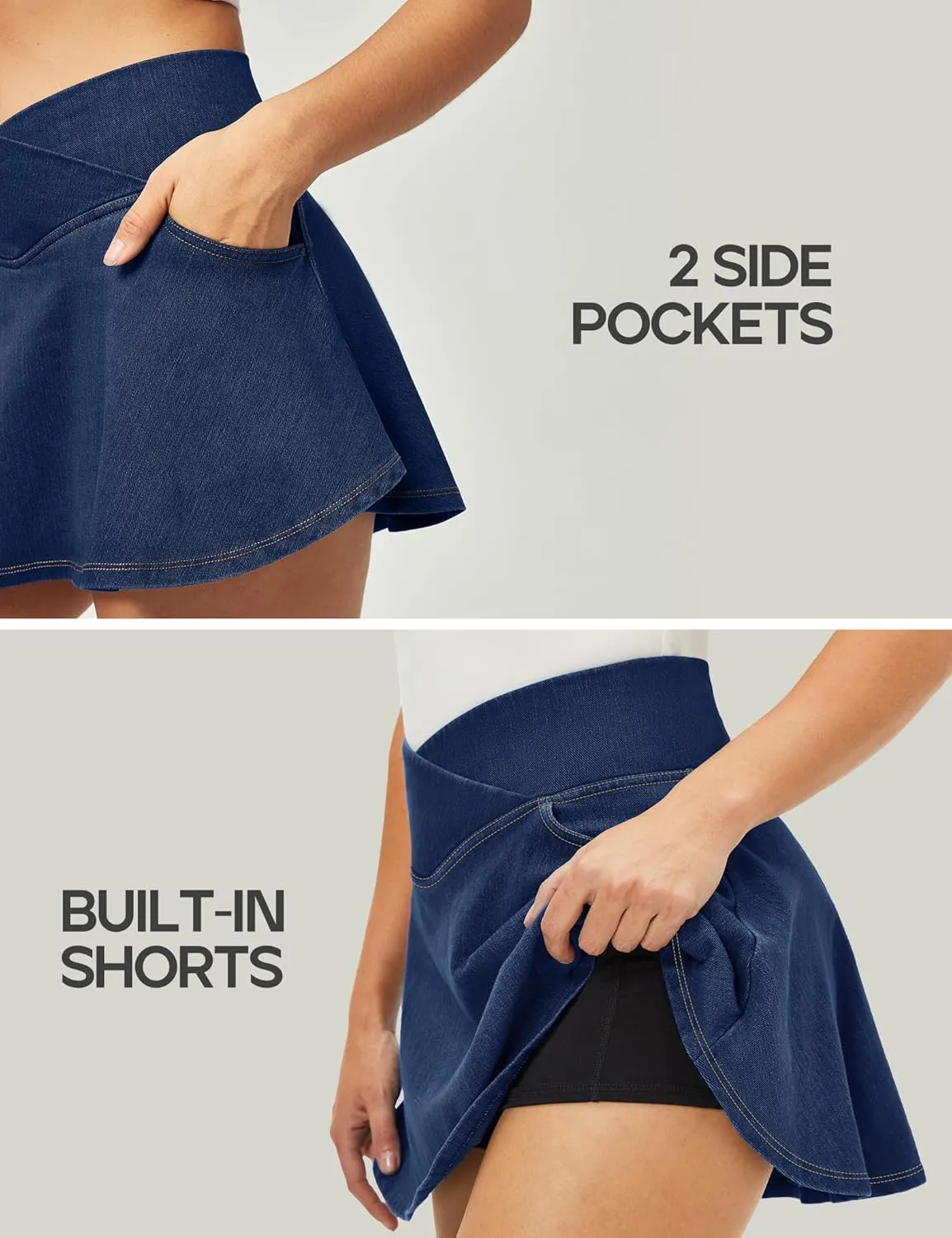 IUGA Stretchy Ruffle Denim Skort V-Waist Jean Skort with 4 Pockets Trendy High Waisted Mini Jean Skirt with Shorts Underneath