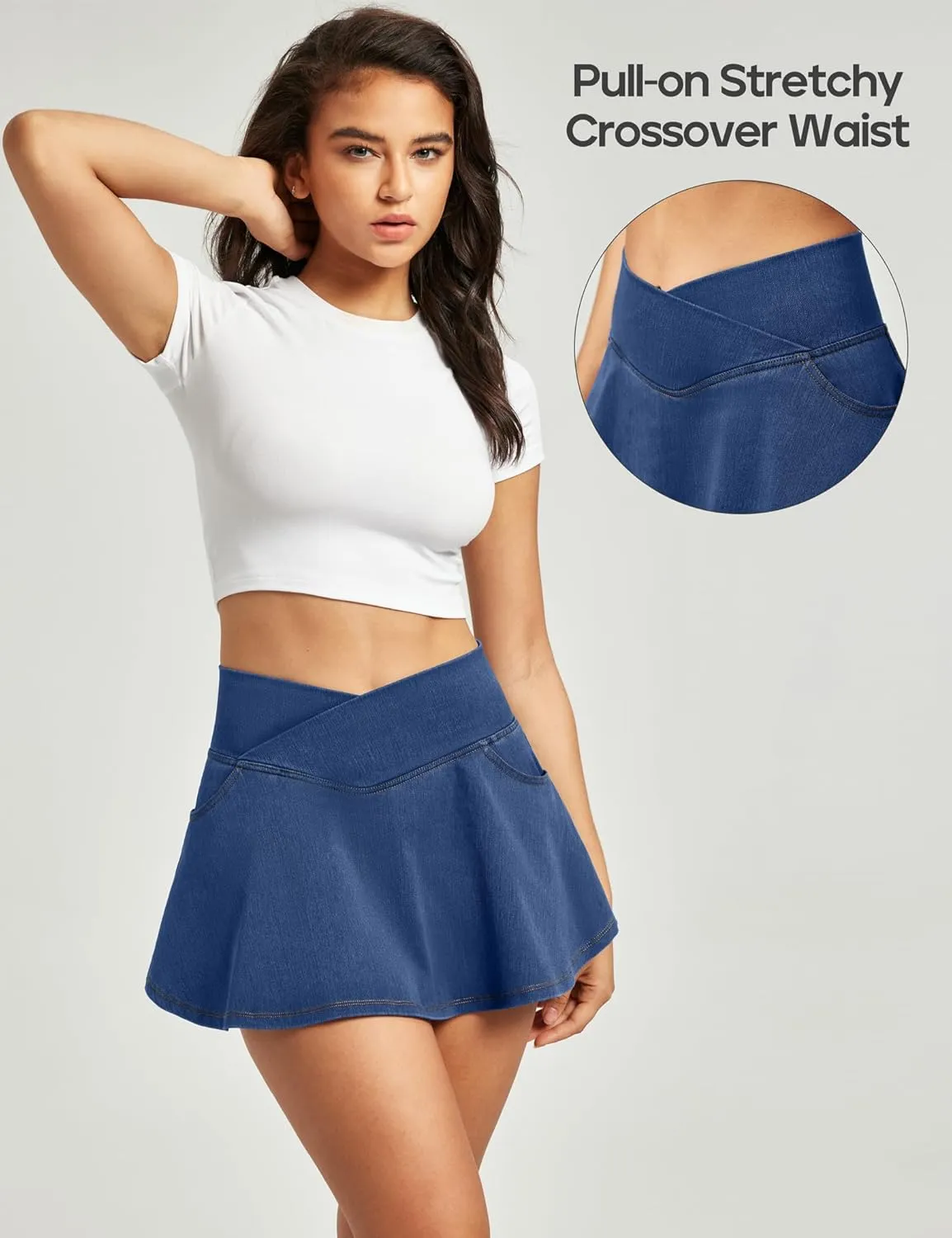 IUGA Stretchy Ruffle Denim Skort V-Waist Jean Skort with 4 Pockets Trendy High Waisted Mini Jean Skirt with Shorts Underneath