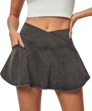 IUGA Stretchy Ruffle Denim Skort V-Waist Jean Skort with 4 Pockets Trendy High Waisted Mini Jean Skirt with Shorts Underneath
