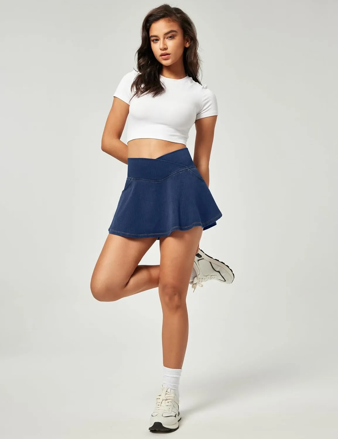 IUGA Stretchy Ruffle Denim Skort V-Waist Jean Skort with 4 Pockets Trendy High Waisted Mini Jean Skirt with Shorts Underneath