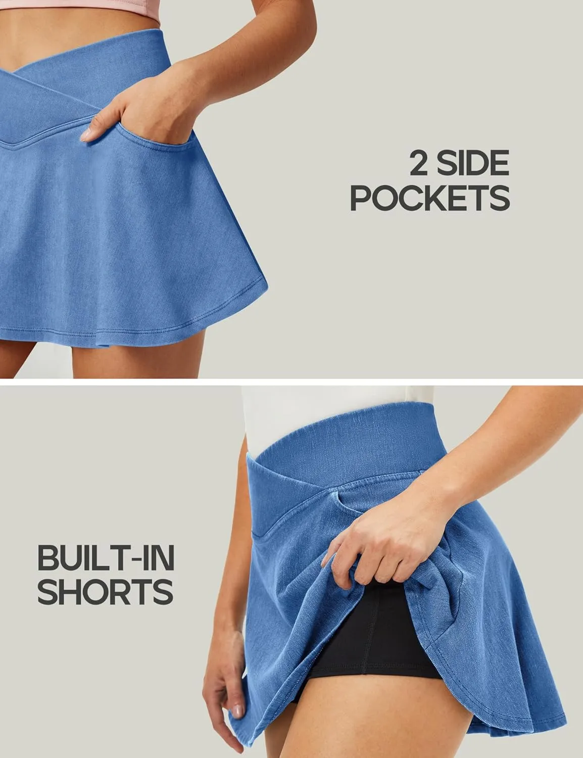 IUGA Stretchy Ruffle Denim Skort V-Waist Jean Skort with 4 Pockets Trendy High Waisted Mini Jean Skirt with Shorts Underneath