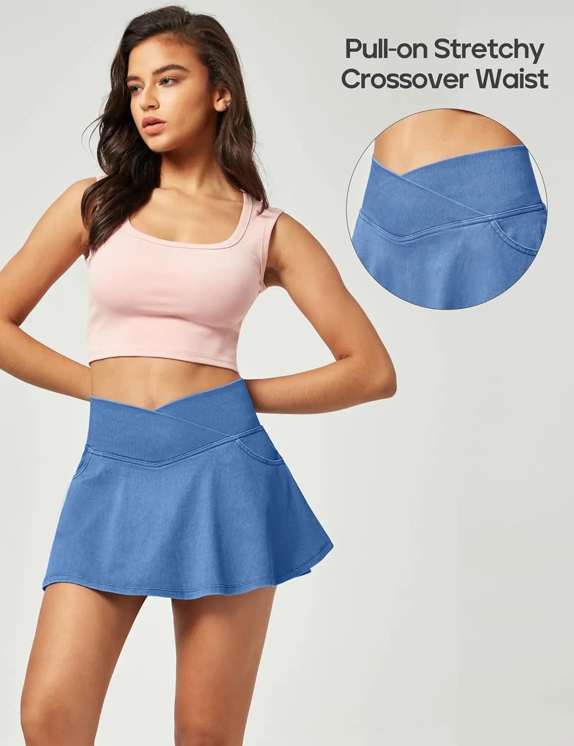 IUGA Stretchy Ruffle Denim Skort V-Waist Jean Skort with 4 Pockets Trendy High Waisted Mini Jean Skirt with Shorts Underneath