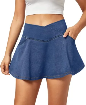 IUGA Stretchy Ruffle Denim Skort V-Waist Jean Skort with 4 Pockets Trendy High Waisted Mini Jean Skirt with Shorts Underneath