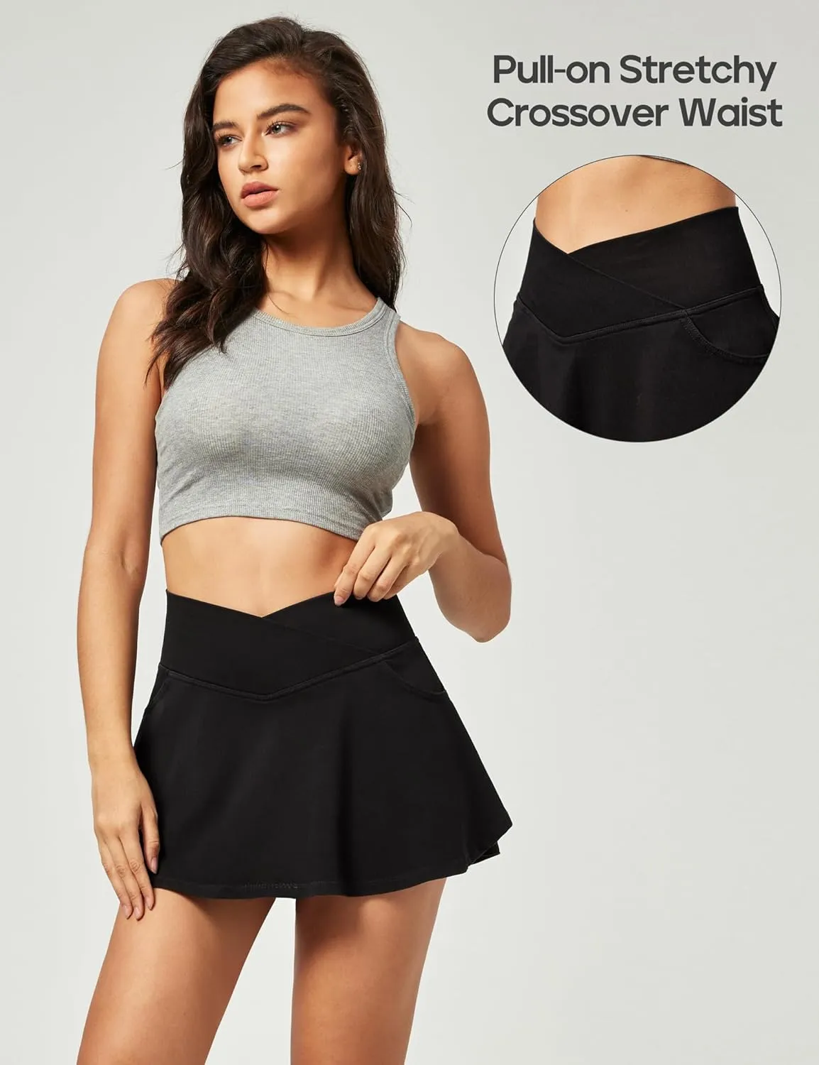 IUGA Stretchy Ruffle Denim Skort V-Waist Jean Skort with 4 Pockets Trendy High Waisted Mini Jean Skirt with Shorts Underneath