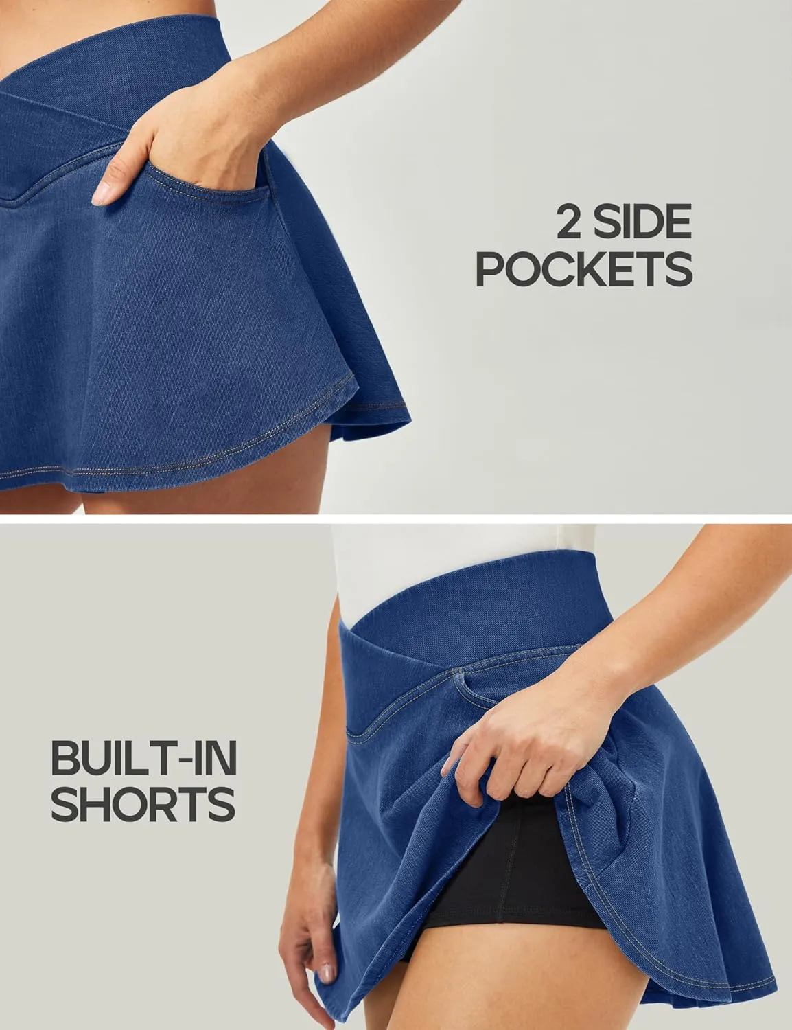 IUGA Stretchy Ruffle Denim Skort V-Waist Jean Skort with 4 Pockets Trendy High Waisted Mini Jean Skirt with Shorts Underneath