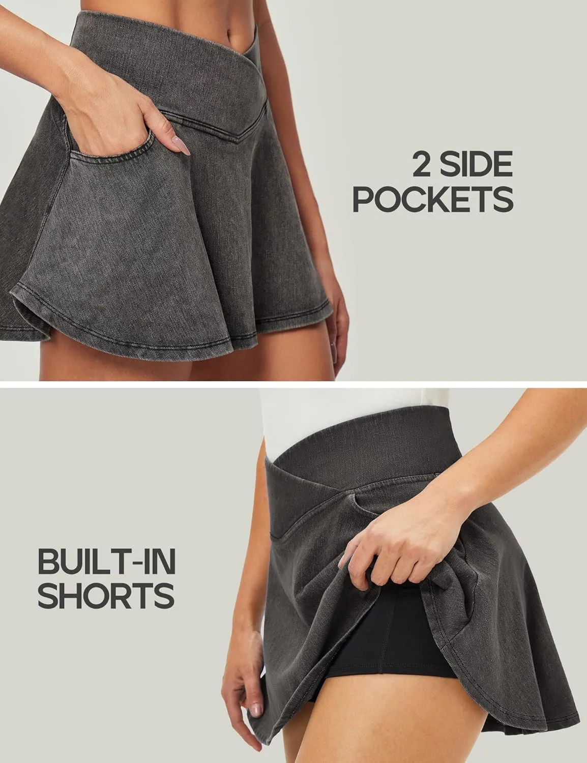 IUGA Stretchy Ruffle Denim Skort V-Waist Jean Skort with 4 Pockets Trendy High Waisted Mini Jean Skirt with Shorts Underneath
