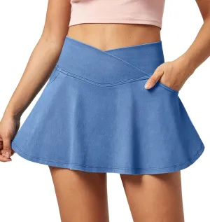 IUGA Stretchy Ruffle Denim Skort V-Waist Jean Skort with 4 Pockets Trendy High Waisted Mini Jean Skirt with Shorts Underneath