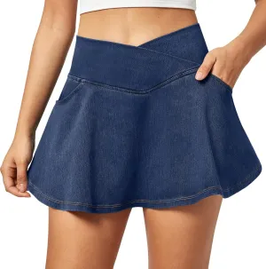IUGA Stretchy Ruffle Denim Skort V-Waist Jean Skort with 4 Pockets Trendy High Waisted Mini Jean Skirt with Shorts Underneath
