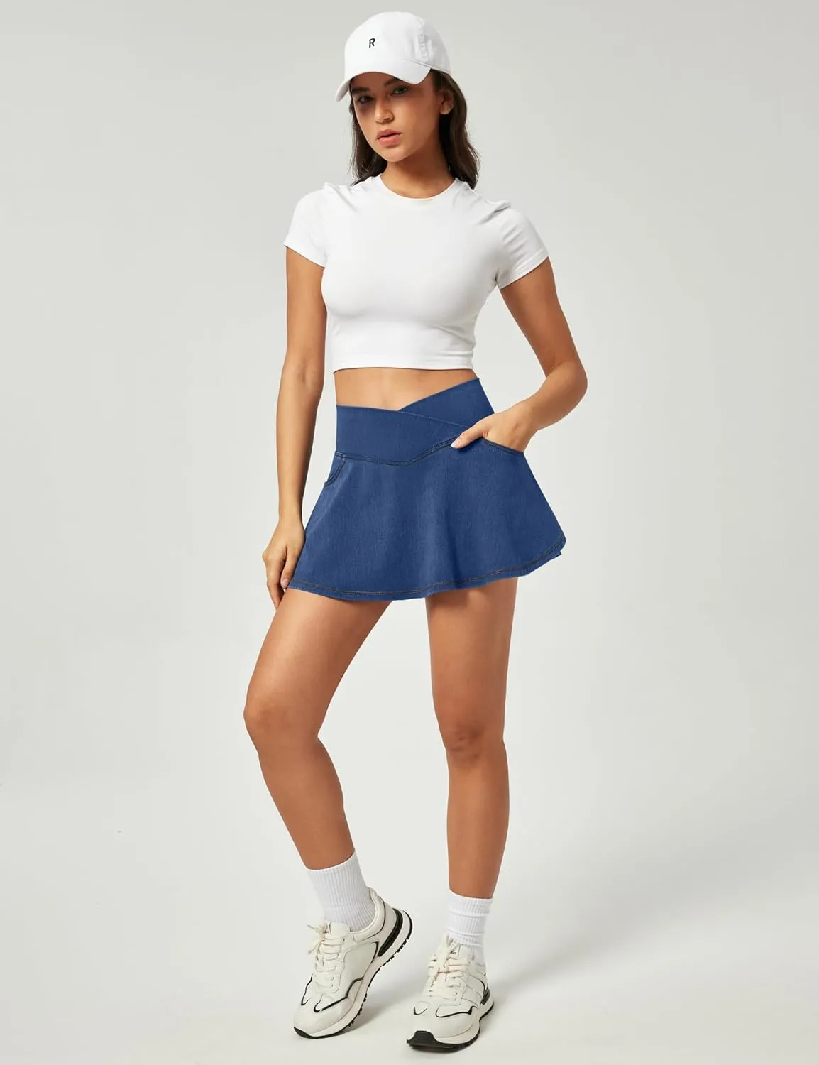 IUGA Stretchy Ruffle Denim Skort V-Waist Jean Skort with 4 Pockets Trendy High Waisted Mini Jean Skirt with Shorts Underneath