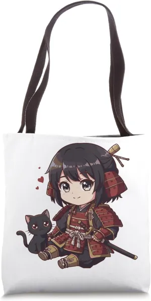 Japanese Samurai Anime Girl Kawaii Black Cat Girls Kid Women Tote Bag