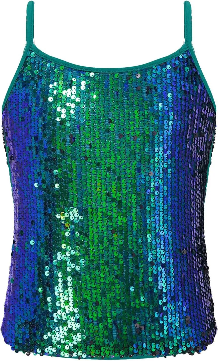 JEATHA Kids Girls Shiny Sequins Sleeveless Tank Top Stage Performance Camisole Shirts Dancewear