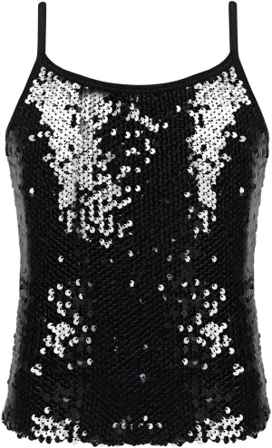 JEATHA Kids Girls Shiny Sequins Sleeveless Tank Top Stage Performance Camisole Shirts Dancewear