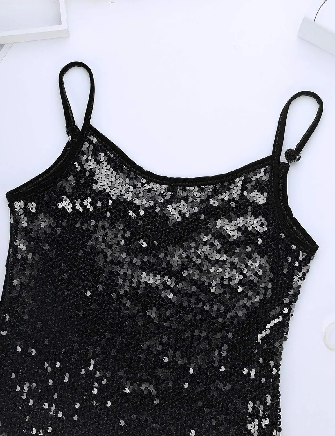 JEATHA Kids Girls Shiny Sequins Sleeveless Tank Top Stage Performance Camisole Shirts Dancewear