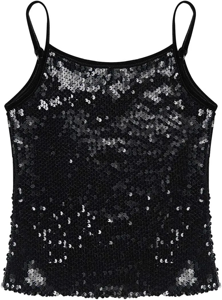 JEATHA Kids Girls Shiny Sequins Sleeveless Tank Top Stage Performance Camisole Shirts Dancewear