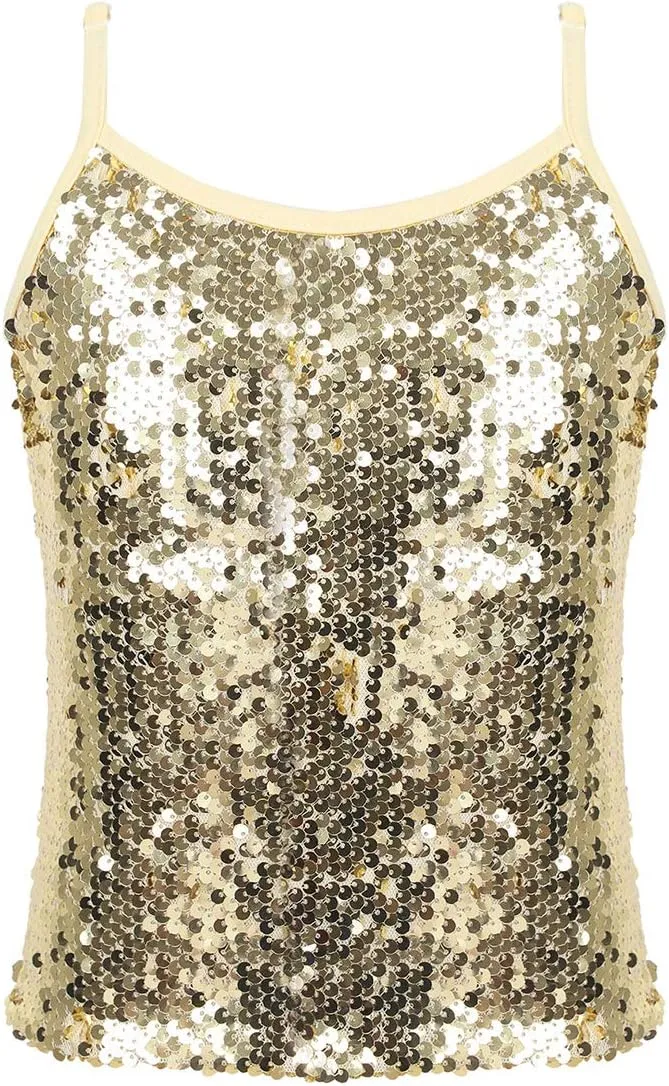 JEATHA Kids Girls Shiny Sequins Sleeveless Tank Top Stage Performance Camisole Shirts Dancewear