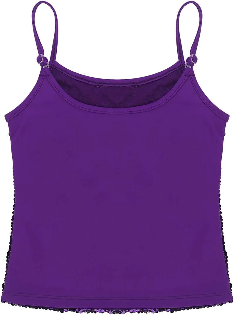 JEATHA Kids Girls Shiny Sequins Sleeveless Tank Top Stage Performance Camisole Shirts Dancewear