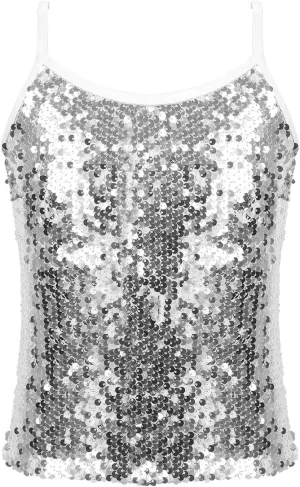 JEATHA Kids Girls Shiny Sequins Sleeveless Tank Top Stage Performance Camisole Shirts Dancewear