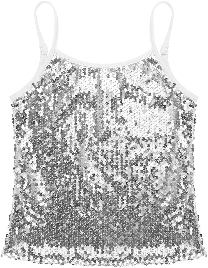 JEATHA Kids Girls Shiny Sequins Sleeveless Tank Top Stage Performance Camisole Shirts Dancewear